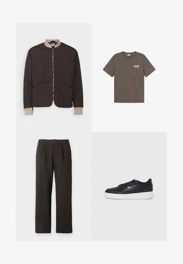 Pompeii PADDED JACKET - Light jacket - coffee; Brown cotton t-shirt with a crew neck, short sleeves, and a small white logo graphic on the left chest. Smooth texture, casual fit.; Dark brown, straight-leg trousers with a flat front, two pleats, and a button closure. Made of smooth fabric with a slight texture.; Black leather sneaker with white sole, featuring a rounded toe, lace-up design, and a subtle logo on the side. Textured upper accents.