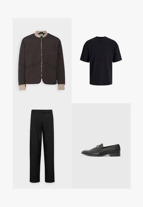 Pompeii PADDED JACKET - Übergangsjacke - coffee; Schwarzes Baumwoll-T-Shirt mit Rundhalsausschnitt, kurzen Ärmeln und lässiger Passform. Glatte Oberflächenstruktur und keine sichtbaren Muster oder Akzente.; Schwarze Hose aus glattem Stoff, mit geradem Bein Design, zwei vorderen Falten und einem Standardbund mit Gürtelschlaufen.; Schwarzer Lederloafer mit glatter Oberfläche, ausgestattet mit einer gesteppten Gestaltung und einem dekorativen Metallkettendetail über dem Vorderblatt. Flacher Absatz.