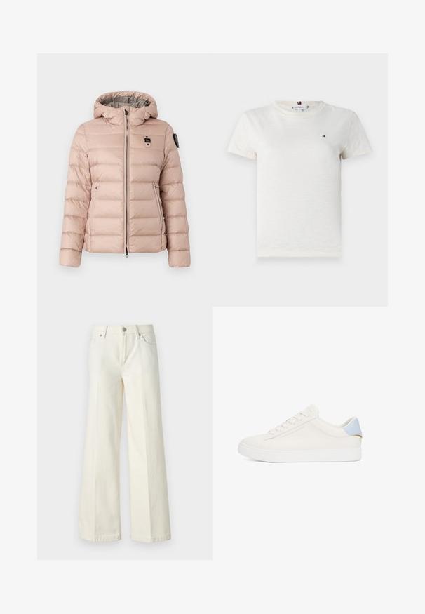 Light pink puffer jacket with a hood, featuring a zip front, two side pockets, and a logo patch on the left chest. Smooth, quilted texture.; Light cream short-sleeve t-shirt made of soft fabric with a round neckline, featuring a small logo in navy, red, and white on the chest.; Wide-leg white jeans made from cotton blend fabric. Features a zipper fly, five-pocket design, and stitching along the seams.; White leather sneaker with a smooth texture, light blue accent at the heel, gold hardware detail, and raised brand logo on the side.