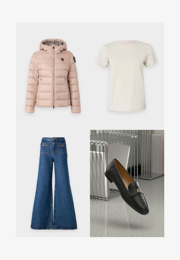 Šviesiai rožinė pūkinė striukė su kapišonu, turinti užtrauktuką priekyje, dvi šonines kišenes ir logotipo pleistrą kairėje krūtinės pusėje. Lygus, siuvinėtas paviršius.; Šviesiai beige trumpomis rankovėmis medvilninis marškinėliai su apvaliu iškirpimu ir subtiliu tekstu priekyje. Lygus paviršius ir laisvas siluetas.; Tamsiai mėlynos plačios džinsinės kelnės su aukštu liemeniu, dviem galiniais kišenėmis su auksinės spalvos detalėmis ir nebaigtais kraštais.; Juodi odiniai loaferiai su auksiniu akcentu, apvaliu pirštu ir lygiu paviršiumi, pakabinti virš atspindinčio paviršiaus su metaliniais lentynomis.