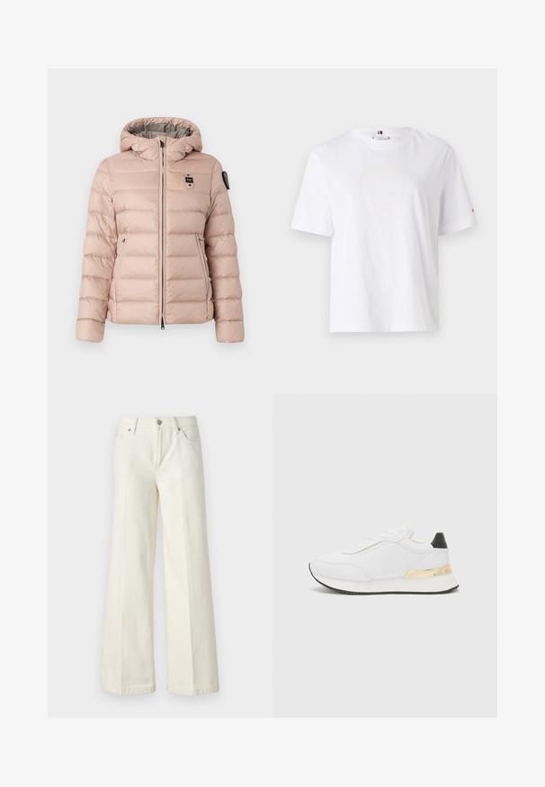 Gaiši rozā pūkains jaka ar kapuci, ar rāvējslēdzēja priekšpusi, divām sānu kabatām un logotipa uzšuvi uz kreisā krūšu kurvja. Gluda, izšūta tekstūra.; Balts kokvilnas T-krekls ar apaļu kaklu, īsām piedurknēm un smalku dzeltenu logo dizainu, kas lasa "HILFIGER NEW YORK 1985". Standarta izgriezums.; Platās kāju baltās džinsas, izgatavotas no kokvilnas maisījuma auduma. Tām ir rāvējslēdzēja josta, piecu kabatu dizains un šuvju izšuvumi gar šuvēm.; Baltas sporta apavs ar gludu virsmu, ar melnu papēža akcentu un zeltītu metāla detaļu uz vidus zoles. Saista dizains, gumijas zole.