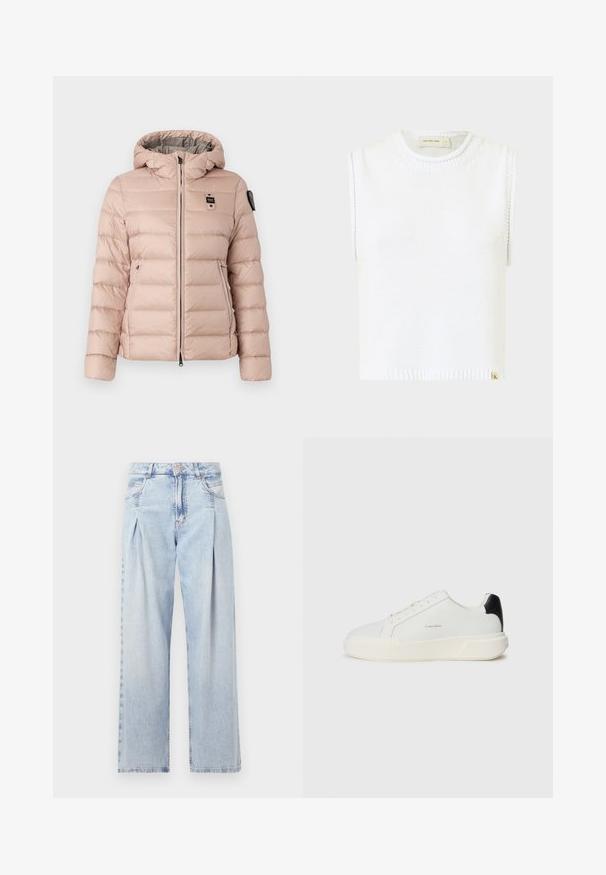 Gaiši rozā pūkains jaka ar kapuci, ar rāvējslēdzēja priekšpusi, divām sānu kabatām un logotipa uzšuvi uz kreisā krūšu kurvja. Gluda, izšūta tekstūra.; Balta bez piedurknēm adīta tops ar apaļu kakla izgriezumu, ribota apakšmala un sānu šuvi detaļām; apakšā ir neliels zīmola etiķete.; Gaiši zilas džinsu bikses ar augstu jostasvietu, plats kāju griezumu, divām sānu kabatām un krokotā dizaina akcentiem. Mīksta tekstūra ar izdilušu apdari.; Baldais kedas ar gludu ādas augšdaļu, apaļu purngalu, auklu aizdari un kontrastējošu melnu papēža akcentu. Aprīkotas ar teksturētu gumijas zolīti.