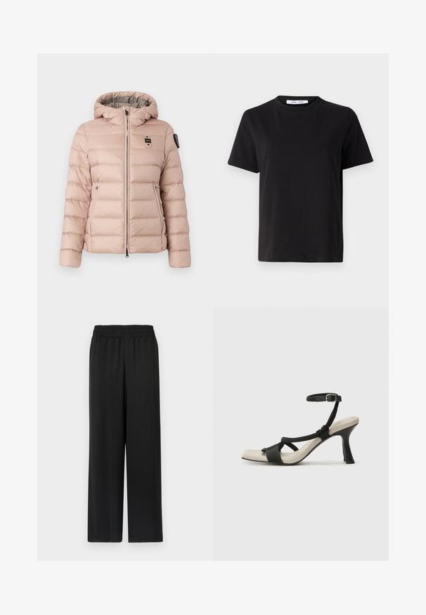 Light pink puffer jacket with a hood, featuring a zip front, two side pockets, and a logo patch on the left chest. Smooth, quilted texture.; Black short-sleeve t-shirt made of soft cotton, featuring a round neckline, relaxed fit, and a smooth texture. No visible patterns or graphics.; Black wide-leg pants with an elastic waistband, made of a smooth, lightweight fabric. Features a straight cut and no visible patterns.; Black heeled sandal with braided strap design, square toe, and adjustable ankle strap. Light beige footbed with a glossy black heel.