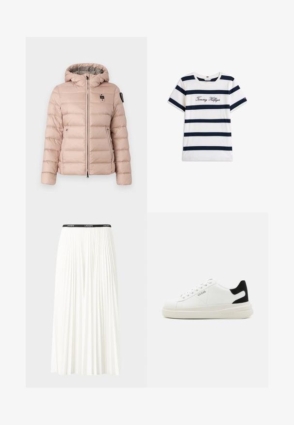 Vaaleanpunainen puumann takki, jossa on huppu, vetoketjusuljenta, kaksi sivutaskua ja logo-patch vasemmalla rinnassa. Sileä, tikattu rakenne.; Puuvillainen t-paita, jossa on vaakasuoria tummansinisiä raitoja valkoisella taustalla. "Tommy Hilfiger" brodeerattu kursiivilla rintamuksessa. Pyöreä kaula-aukko.; Hame valkoinen pliseerattu hame mustalla joustavalla vyötäröhihnalla, jossa on "LACOSTE"-logo. Puolipitkä malli pehmeällä tekstuurilla.; Valkoiset nahkakengät paksulla valkoisella pohjalla, mustalla mokkanahkaosuudella kannassa ja kohokuvioitu logo sivulla. Nauhakeskitys kuudella reiällä.