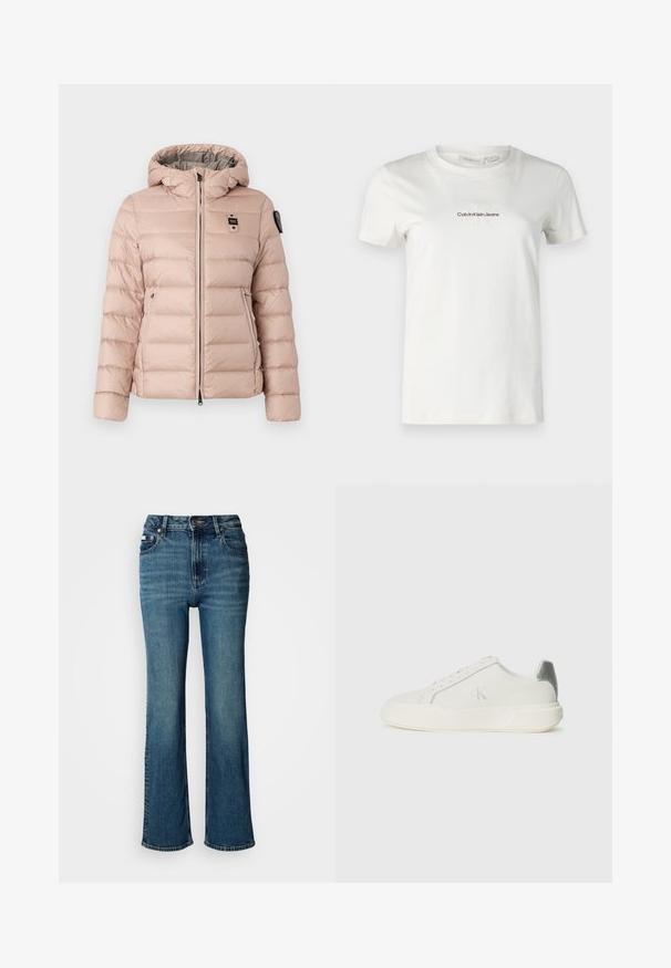 Casaco puffer rosa claro com capuz, apresentando um fecho de correr na frente, dois bolsos laterais e um logotipo no lado esquerdo do peito. Textura lisa e acolchoada.; T-shirt branca de algodão com mangas curtas, decote redondo, apresentando um pequeno logótipo bordado "Calvin Klein Jeans" em castanho escuro. Design simples.; Jeans de cintura alta em denim azul, com um design de perna reta, desbotamento subtil e um fecho padrão com botão e zipper.; Sapatilha branca feita de couro com textura suave, apresentando um detalhe em prateado no calcanhar, sola plana e design minimalista.