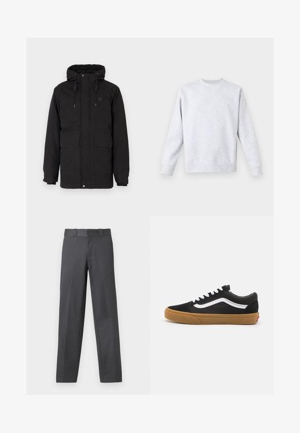 Fekete szigetelt kapucnis dzseki, két elülső zsebbel, puha béléssel, rugalmas mandzsettákkal és cipzárral, amelyet patent gombok zárnak.; Világosszürke pulóver, puha anyagból készült, kerek nyakkivágással, hosszú ujjakkal, bordás mandzsetta- és alsó szegéllyel. Minimalista dizájn, minták nélkül.; Szürke nadrág sima anyagból, egyenes lábú szabással, gombos záródással és övhurkokkal; minimális varrásokkal és mintázat nélkül.; Fekete velúr edzőcipők fehér oldalsávval, fehér fűzővel és gumis talppal. Klasszikus alacsony felső kialakítás textúrált részletekkel és lekerekített orral.