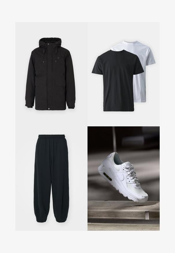 Black insulated hooded jacket, featuring two front pockets, a soft inner lining, elastic cuffs, and a zipper closure with snap buttons.; Two cotton T-shirts shown back-to-back: one black and one white. Both feature short sleeves and crew necklines, with a smooth texture.; Black, elasticated-waist sweatpants with a loose fit, cuffed ankles, smooth texture, and no visible patterns or hardware accents.; White Nike Air Max 90 sneaker featuring a mesh and leather upper, perforated toe box, and a visible air unit in the heel.
