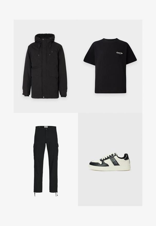 Chaqueta con capucha negra y aislante, que incluye dos bolsillos frontales, un forro interior suave, puños elásticos y un cierre con cremallera y botones a presión.; Camiseta de algodón negra con cuello redondo, mangas cortas y pequeño texto en blanco del logo en el lado izquierdo del pecho. Diseño simple, corte clásico.; Pantalones cargo negros con corte recto, que cuentan con bolsillos laterales, cierre de botón y cordones elásticos en los tobillos. Fabricados en tejido resistente.; Zapatillas de cuero con un esquema de colores negro y crema, que cuentan con acentos perforados, un collar acolchado y una suela texturizada.