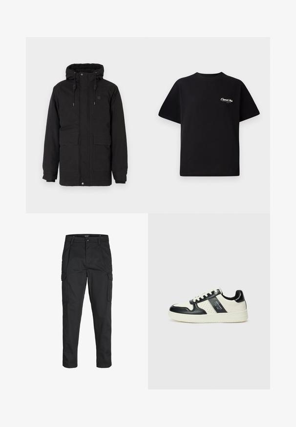 Sort isoleret hættejakke med to forlommer, blødt indre foer, elastiske manchetter og lynlåslukning med trykknapper.; Sort bomulds T-shirt med rund halsudskæring, korte ærmer og lille hvid logo tekst på venstre bryst. Enkel design, klassisk pasform.; Sorte cargo-bukser lavet af slidstærkt stof, der har flere lommer, en knaplukning og et slim fit design med smalle ben.; Lædersneakers i sort og creme farveskema, med perforerede detaljer, en polstret krave og en struktureret ydersål.