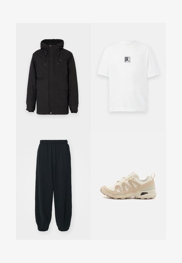 Black insulated hooded jacket, featuring two front pockets, a soft inner lining, elastic cuffs, and a zipper closure with snap buttons.; White cotton t-shirt featuring a central black and gray logo graphic. Classic crew neckline and short sleeves with a relaxed fit.; Black, elasticated-waist sweatpants with a loose fit, cuffed ankles, smooth texture, and no visible patterns or hardware accents.; Beige and cream athletic shoe with textured mesh upper, supportive overlays, and rubber outsole featuring a tread pattern for traction.