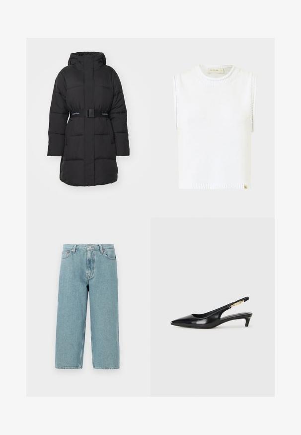 Juoda pūkinė striukė su gobtuvu, diržu juosmens srityje, užpildyta siūlėmis tekstūra ir dviem šoninėmis kišenėmis. Turi centrinį užtrauktuką, todėl ją patogu dėvėti.; Balta be rankovių megzta palaidinė su apvaliu kaklu, išraižytu apvadu ir šoninėmis siūlėmis; apačioje yra mažas prekinis ženklas.; Šviesiai mėlynos džinsinės šortai su aukštu liemeniu, tiesiu kirpimu ir neapdorotu kraštu. Yra klasikinis sagtys ir užtrauktukas, keturios kišenės.; Juodas odinis pavasario batelių modelis su smailiu nosiu, turintis siaurą kulniuką ir auksinės spalvos akcentu reguliuojamoje juostoje. Lygi tekstūra.