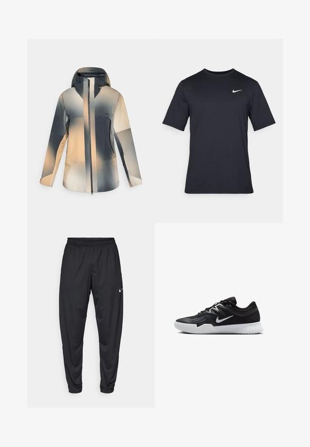 Giacca outdoor con cappuccio, chiusura anteriore con zip, tasche laterali con zip e blocchi di colore sfumati in toni di beige, grigio e nero.; T-shirt Nike nera a maniche corte realizzata in tessuto morbido, con il logo bianco dello swoosh nella parte superiore sinistra, colletto girocollo.; Pantaloni sportivi neri con elastico in vita, gambe affusolate e un piccolo logo bianco Nike sulla coscia sinistra. Tessuto liscio, senza fantasie.; Scarpa sportiva nera con tomaia testurizzata, logo Nike swoosh bianco e suola in gomma bianca. Presenta un design con lacci e una forma dinamica.