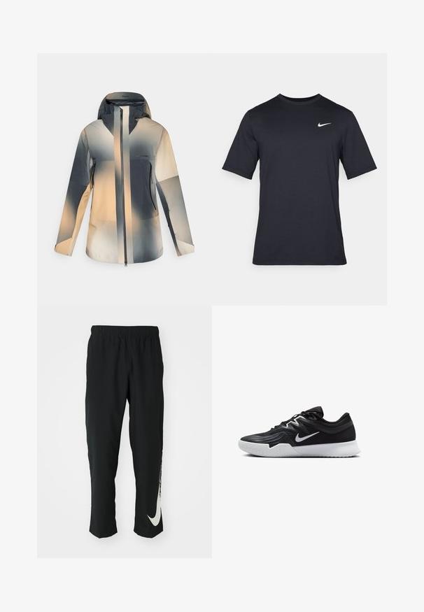 Hooded outdoor jacket with front zipper, zippered side pockets, and gradient color blocks in beige, gray, and black tones.; Black short-sleeve Nike t-shirt made of smooth fabric, featuring a white swoosh logo on the upper left side, crew neckline.; Black athletic pants with elastic waistband, tapering design, featuring a large white Nike logo on the left leg. Soft, lightweight fabric.; Black athletic shoe with a textured upper, white Nike swoosh, and a white rubber outsole. Features a lace-up design and dynamic shape.