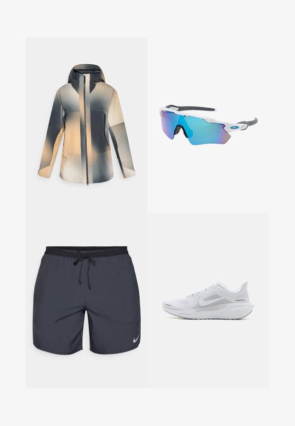 Zunanja jakna s kapuco, sprednjim zadrgo, žepoma z zadrgo in barvnimi bloki v gradientu v bež, sivi in črni barvi.; Bela brezrokavnica za tek Nike z okroglim izrezom, gladko teksturo in črnim Nike logotipom na zgornji levi strani prsnega koša.; Nike tekaški kratki hlače v temno sivi barvi, z elastičnim pasom in vrvico za zategovanje ter srebrnim logotipom na spodnjem desnem delu noge.; Bela atletska copata z mrežasto zgornjo plastjo, gladkimi teksturiranimi dodatki, sivi poudarki, vezalkami in blaženim podplatom, zasnovana za zmogljivost.; Sončne očala z belim okvirjem, sivi detajli in modrimi zrcalnimi lečami. Športna zasnova, ovitek oblike in nastavljivi nosni blazinici.