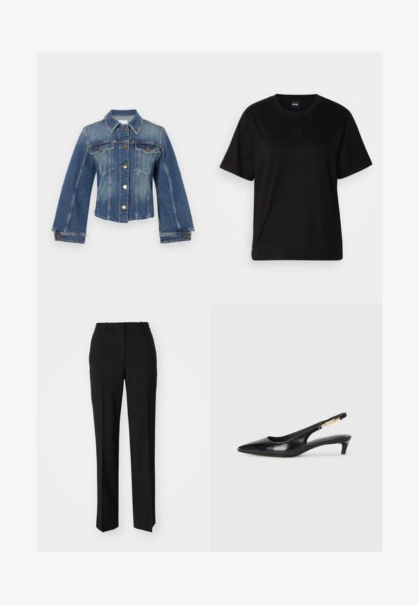 Džinsa jaka ar apkakli, zelta pogu aizdari, divām krūšja kabatām un platām piedurknēm. Gaiši līdz vidēji zila mazgāšana ar teksturētu apdari.; Melna kokvilnas T-krekls ar apaļu izgriezumu, īsām piedurknēm un izšūtu logotipu uz krūtīm. Vienkāršs, brīvs piegriezums bez rakstiem.; Melnas pielāgotas bikses ar taisnu kāju dizainu, kas raksturojas ar gludu faktūru un asiem krokām pa priekšu. Nav redzamu metāla detaļu.; Melnas ādas slingback zābaki ar smailu purngalu, ar šauru papēdi un zelta krāsas akcentu uz regulējama siksniņas. Gluda tekstūra.