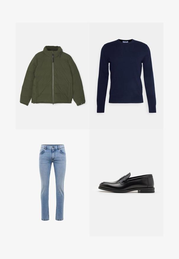 ASPESI POCOELASTICO - Doudoune - verde/green; Pull à col rond bleu marine en tissu doux, avec des manches longues et un ourlet côtelé. Pas de motifs ni d'ornements visibles.; Jeans en denim bleu clair avec une coupe slim, cinq poches et une coupe droite. Présente une fermeture éclair et des passants de ceinture. Texture douce.; Mocassins en cuir noir avec une texture lisse, bout rond et une sangle décorative sur le dessus. Talon bas empilé, design minimaliste.