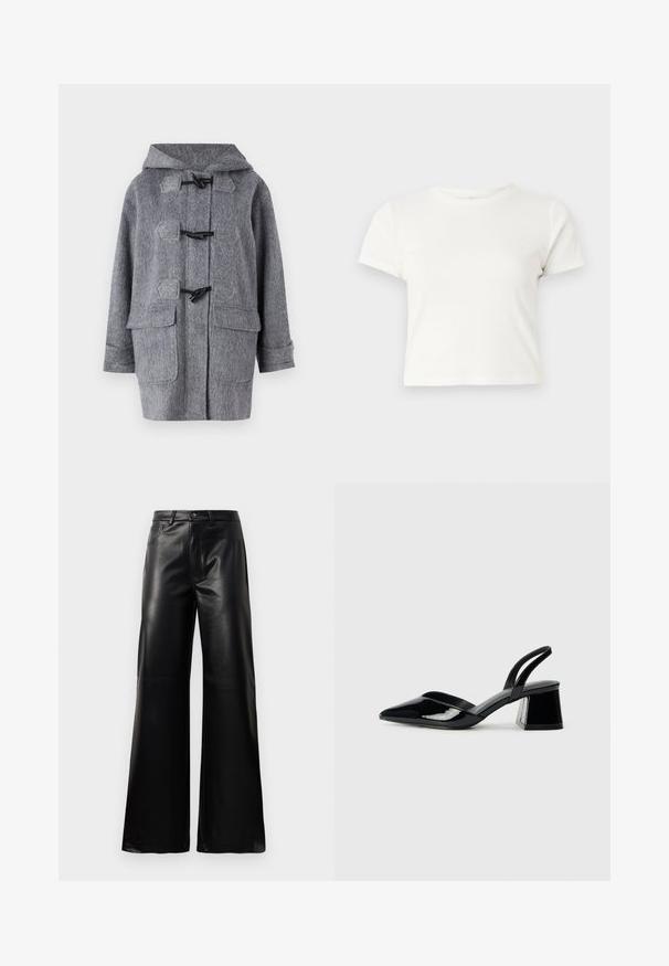 Sivý vlnený kabát s kapucňou, ktorý má zapínanie na otočné spony a veľké predné vrecká. Jeho textúra je jemná a látka má mierne textúrovaný vzhľad.; Krátke biele tričko vyrobené z bavlny s krátkymi rukávmi, okrúhlym výstrihom a rovnými okrajmi, s hladkou textúrou a minimálnym dizajnom.; Čierne vysokopriestené široké nohavice z umelého kože s predným gombíkom, zipsom, pútkami na opasok a bočnými vreckami na bielom pozadí.; Čierne lakované kožené sandálové podpätky s špicatou špičkou a geometrickým blokovým podpätkom. Disponujú elegantným, minimalistickým dizajnom a hladkým povrchom.