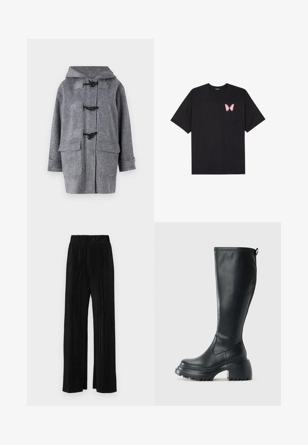 Cappotto grigio in lana con cappuccio, dotato di chiusure a toggle e ampie tasche frontali. La sua texture è morbida e il tessuto appare leggermente strutturato.; T-shirt nera in cotone con maniche corte, caratterizzata da una piccola grafica di una farfalla rosa sul lato sinistro del petto. Design a girocollo con una vestibilità rilassata.; Pantaloni neri a plissé con vita elasticizzata. Presentano gamba ampia e un tessuto liscio e texture con strisce verticali.; Stivale lungo in pelle nera con suola piatta robusta e tacco a blocco, dotato di linguetta e battistrada testurizzato sulla suola.