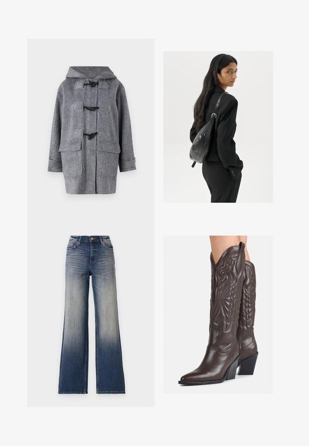 Gray woolen coat with a hood, featuring toggle fastenings and large front pockets. Its texture is soft and fabric appears slightly textured.; White sleeveless tank top made of ribbed fabric, featuring a rounded neckline and a fitted silhouette, with minimal seams and no embellishments.; High-waisted wide-leg jeans in light to dark blue denim with fading, featuring a button closure and belt loops. Clean hem and no visible embellishments.; Brown leather cowboy boots with pointed toe and block heel, featuring detailed stitching and raised accents on the shaft.; Woman with long dark hair wearing a black suit, carrying a black leather shoulder bag, looking over her shoulder against a white background.