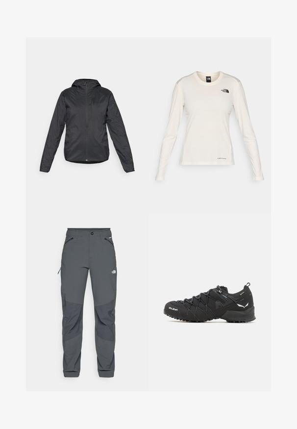 Fekete, könnyű kapucnis dzseki, elülső cipzárral és hosszú ujjal, sima, vízálló anyagból készült.; The North Face SHADOW LONG SLEEVE - Hosszú ujjú felső - white dune; Sötétszürke kültéri nadrág megerősített térdrésszel, cipzáras oldalsó és elülső zsebekkel, gombos záródással és A North Face logóval a combján.; Fekete túracipők texturált szövet felső résszel, fűzési rendszerrel és strapabíró gumitalppal. Reflektáló részletekkel és logókkal díszítve.
