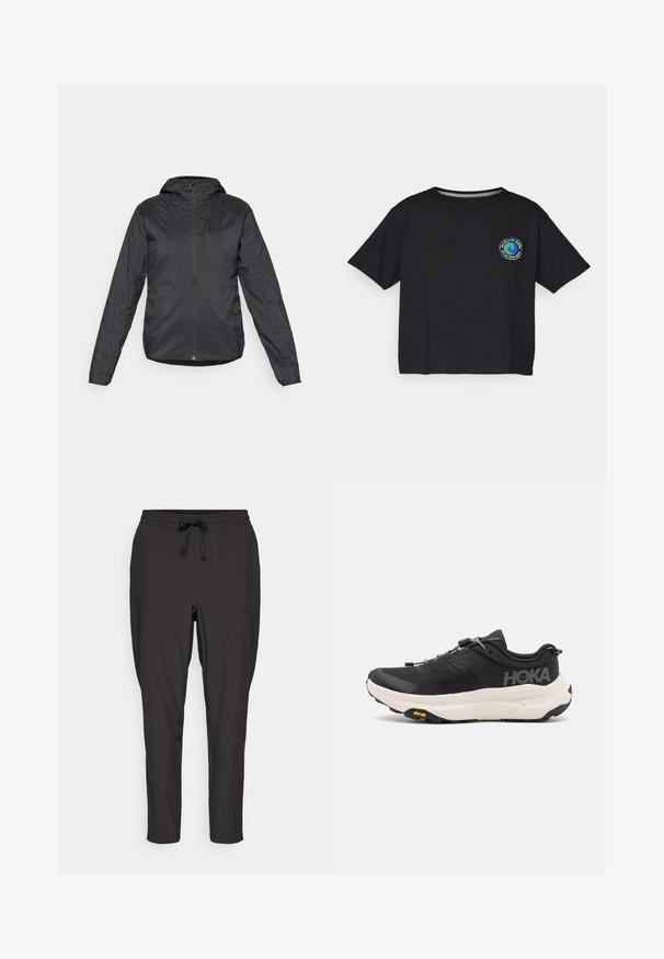 Czarna, lekka kurtka z kapturem, z zamkiem z przodu i długimi rękawami, wykonana z gładkiego, wodoodpornego materiału.; Czarna bawełniana koszulka z krótkim rękawem z okrągłym, wielokolorowym logo na piersi. Prosty dół i luźny krój.; Czarne dresowe spodnie z elastycznym paskiem, detalami w postaci sznurka oraz bocznymi kieszeniami. Wykonane z gładkiego, lekkiego materiału.; Czarne buty sportowe z oddychającą siateczką, gumową podeszwą, białą wkładką amortyzującą i odblaskowymi sznurowadłami. Logo Vibram na podeszwie.