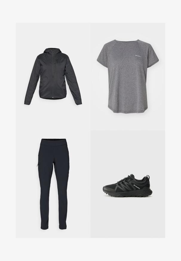 Veste légère noire avec capuche, dotée d'une fermeture éclair à l'avant et de manches longues, fabriquée en tissu lisse et résistant à l'eau.; T-shirt gris à manches courtes avec un motif texturé subtil, col rond et logo Columbia sur la poitrine. Tissu doux, coupe décontractée.; Pantalons de sport noirs à coupe ajustée, avec une taille élastique et une poche latérale zippée. Tissu lisse et extensible avec des coutures minimales.; Columbia PEAKFREAK - Chaussures de marche - black