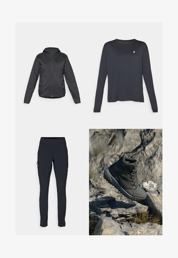 Schwarze, leichte Jacke mit Kapuze, ausgestattet mit einem Frontreißverschluss und langen Ärmeln, aus glattem, wasserabweisendem Material.; Dunkles Langarm-T-Shirt aus strukturiertem Stoff, mit Rundhalsausschnitt und einem kleinen weißen Logo auf der linken Brustseite.; Schwarze Sporthose im Slim-Fit, mit elastischem Bund und einer seitlichen Gesäßtasche mit Reißverschluss. Glattes, dehnbares Material mit minimalen Nähten.; Dunkelgrauer Wanderschuh aus synthetischem Material, mit gepolstertem Kragen, Metallösen und strukturierten Gummisohlen für besseren Halt.