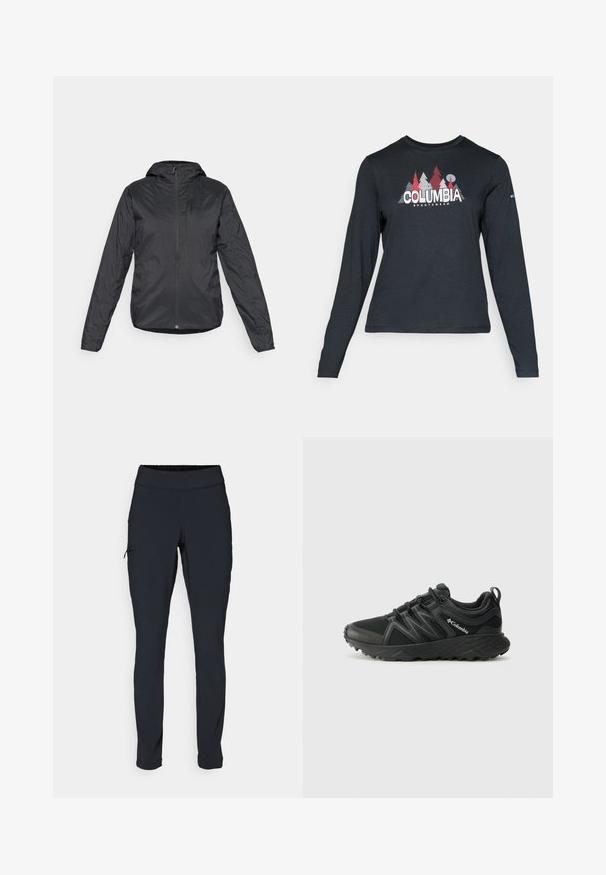 Jachetă ușoară, neagră, cu glugă, cu fermoar frontal și mâneci lungi, fabricată dintr-un material neted, rezistent la apă.; Cămașă cu mâneci lungi de culoare gri închis, cu un grafic de copaci roșii și munți; logo-ul "COLUMBIA" în text alb îngroșat. Material moale, guler standard de tip crew.; Pantaloni atletici negri cu o croială ajustată, talie elastică și un buzunar lateral cu fermoar. Material neted și elastic cu cusături minime.; Columbia PEAKFREAK - Pantofi drumeție - black