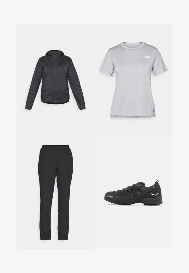 Čierna ľahká bunda s kapucňou, so zipsom vpredu a dlhými rukávmi, vyrobená z hladkej, vodoodolnej látky.; Sivý tričko s krátkym rukávom vyrobené z jemného, vlhkosť odvádzajúceho materiálu. Obsahuje okrúhly výstrih a malé biele logo na hornej ľavej strane.; Čierne vonkajšie nohavice, vyrobené z ľahkého materiálu, majú rovný strih, bočné vrecká na zips a nastaviteľný pás.; Čierne turistické topánky s textúrovaným textilným zvrškom, viazacím systémom a robustnou gumovou podrážkou. Ozdobené reflexnými detailmi a logami.