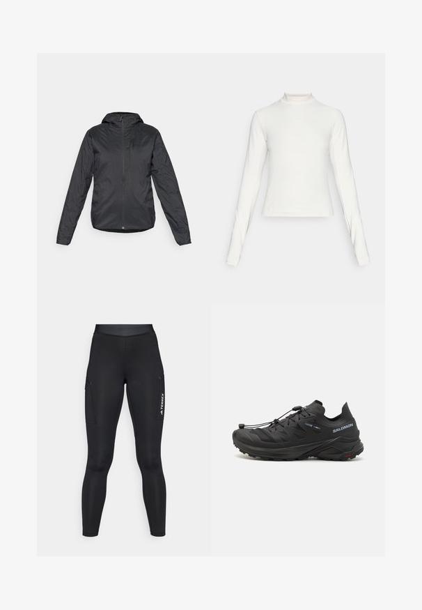 Juodas lengvas striukė su kapišonu, turinti priekį užtrauktuką ir ilgomis rankovėmis, pagaminta iš lygaus, vandeniui atsparaus audinio.; Ilgų rankovių baltas sportinis marškinėlis su pusapykakle ir mažuoju centro logotipu ant krūtinės, pateiktas ant vientiso fono.; Juodos sportinės tamprės su prigludusia siluetu, pagamintos iš tampraus audinio. Yra šoninės kišenės ir baltas "TERREX" logotipas.; Juodi bėgimo batai trail su tekstūruota viršutinė dalimi, tinklinėmis dalimis ir saugiai užsegamu sistemu. Turima tvirta pado struktūra, užtikrinanti sukibimą.