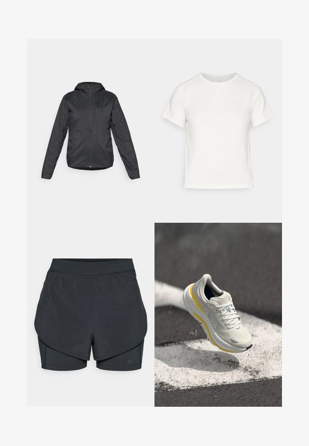 Fekete, könnyű kapucnis dzseki, elülső cipzárral és hosszú ujjal, sima, vízálló anyagból készült.; Könnyű fehér póló rövid ujjakkal, kerek nyakkal és egy apró logóval a bal felső sarkában. Simasága és enyhe fényessége van.; Fekete sportnadrág réteges kialakítással, sima külső résszel és illeszkedő belső nadrággal. Könnyű, rugalmas anyagból készült.; Világosszürke futócipő sárga kiegészítőkkel; hálós felsőrész, párnázott talp és diszkrét kék részletek. Jellegzetes márkázott logó az oldalon.