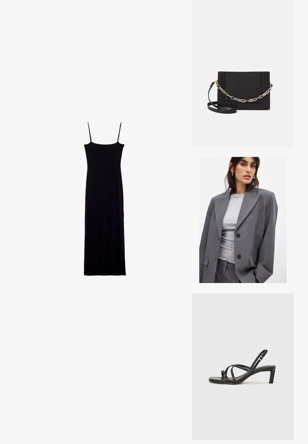 Grau gestreifter Blazer mit Reverskragen, zwei schwarzen Knöpfen und Vordertaschen, kombiniert mit einem taillierten grauen Rundhalsausschnitt-Oberteil.; Schwarzes ärmelloses Kleid mit gerader Silhouette, aus weichem Stoff. Verfügt über schmale Spaghettiträger und ein bodenlänges Design.; Schwarze Sandale mit Riemchen, quadratischer Zehenform und niedrigem Blockabsatz. Verfügt über mehrere dünne Riemen und einen verstellbaren Knöchelriemen. Hergestellt aus glattem Leder.; Schwarze Leder-Crossbody-Tasche mit glatter Textur, rechteckiger Form und metallic-kettendetail auf der Vorderseite. Verstellbarer Gurt inklusive.