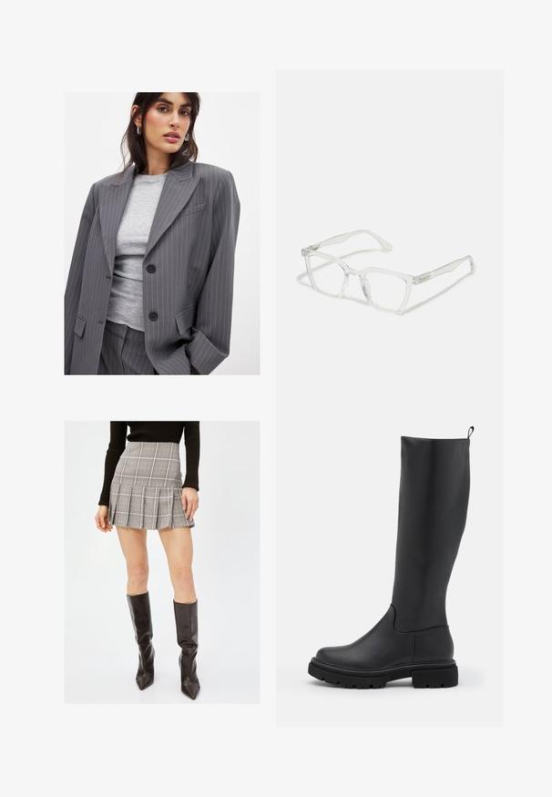 Grijze gestreepte blazer met notch-lapels, twee zwarte knopen en voorkruiszakken, gecombineerd met een aansluitend grijs T-shirt met ronde hals.; Afgeknot zwarte gebreide trui met een gestructureerde stof, ronde halslijn en losvallende lange mouwen.; Grijze geruite minirok met plooien, met verticale en horizontale lijnen in zwart, wit en rood. Gecombineerd met enkellaarsjes tot aan de knie in zwart.; Zwarte laarzen tot de knie, gemaakt van glad, mat materiaal met een stevige zool, ronde neus en een treklabel bovenaan voor eenvoudig aan- en uittrekken.; Duidelijke rechthoekige bril met transparante monturen en rechte poten. Beschikt over subtiele details op de slapen. Lichtgewicht ontwerp.; Zwarte leren hobo tas met een zachte, gebogen vorm. Heeft een brede bovenhandgreep en plooien aan de onderkant voor een slappe textuur.