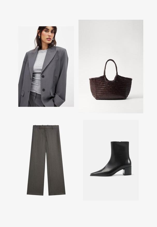 Gray pinstriped blazer with notch lapels, two black buttons, and front pockets, paired with a fitted gray crew-neck top.; Massimo Dutti RIBBED CREW NECK - Jumper - LIGHT BROWN; Wide-leg trousers in dark gray, featuring a subtle pinstripe pattern. Made of a smooth fabric with a flat front and belt loops.; Black leather ankle boot with a pointed toe, smooth texture, and a mid-block heel. Minimalist design, zipper closure at the back.; Woven brown tote bag with a rounded top and two handles. Features a textured pattern with a wide, open structure for easy access.; Three interlocking rings made of polished silver, featuring multiple square-cut diamonds set in a prong setting.