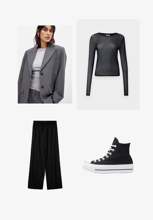 Grå stribet blazer med notched klapper, to sorte knapper og for- lommer, parret med en tætsiddende grå crew-neck-top.; Sort langærmet top lavet af gennemsigtigt materiale, med rund halsudskæring og tætsiddende pasform, samt fint kantede kanter.; Sorte bredde-bukser lavet af letvægtsstof, med en elastisk talje og snøre for justerbar pasform. Glat tekstur.; Højtop sort lærredssko med hvide øjetter, snørebånd og gummisål. Har en tekstureret tåhætte og sorte og hvide stribe-accenter.