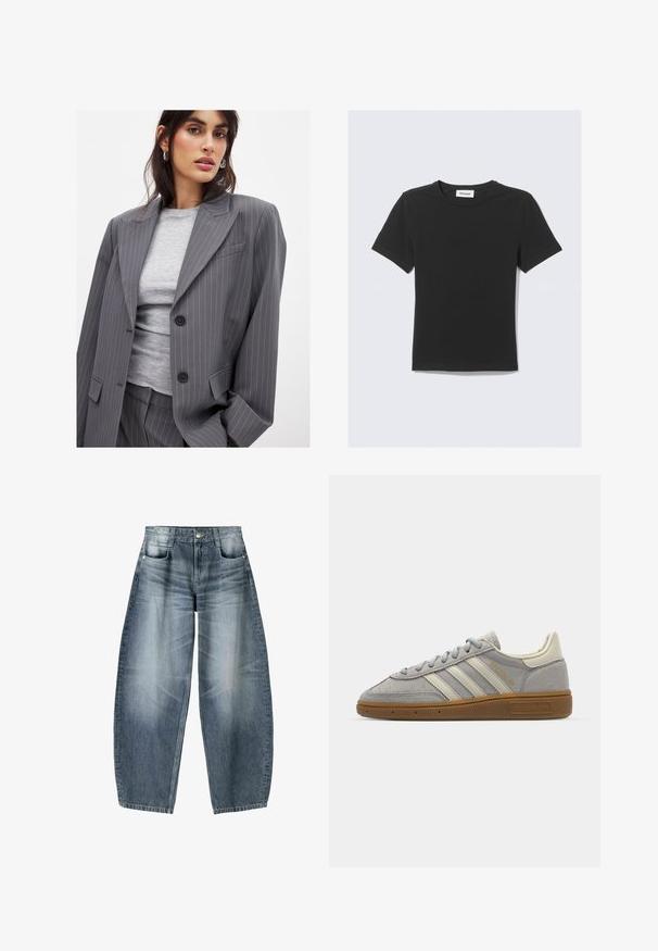 Gray pinstriped blazer with notch lapels, two black buttons, and front pockets, paired with a fitted gray crew-neck top.; Black short-sleeve T-shirt made of soft cotton, featuring a crew neckline and a regular fit, with no visible patterns or accents.; Wide-leg jeans made of light blue denim with fading, featuring a five-pocket design, button fly, and minimal stitching details.; Gray suede sneakers with light gray leather stripes and a gum rubber sole. Features include lace closure and subtle branding on the tongue.