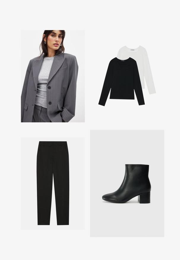 Pilkas dryžuotas švarkas su išpjautomis apykaklėmis, dviem juodais mygtukais ir priekiniamis kišenėmis, derinamas su prigludusia pilka apvalia iškirpte palaidine.; Du suknelės su ilgomis rankovėmis, viena juoda ir viena balta, abi su kvadratiniu iškirpimu ir pagamintos iš minkštos, elastingos medžiagos.; Juodos kelnes su pritaikytu dizainu, turinčios šonines kišenes ir tiesią koją. Pagamintos iš lygaus, lengvo audinio su blizgiu paviršiumi.; Juodos odinės aulinės botai su smailiu priekiniu pirštu ir storu kulnu. Lygus tekstūra su minimaliomis detalėmis ir elegantišku, tvirtai priglundančiu dizainu.