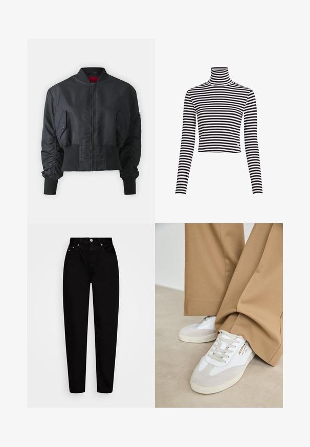 HUGO FALYNN - Bomber Jacket - black; Black and white striped turtleneck top with long sleeves and a cropped design, made from a ribbed material. Features a small brand logo at the hem.; High-waist black straight-leg jeans with front button, five pockets, and belt loops, displayed on a white background.; White sneakers with suede accents, textured laces, and a rubber sole. Paired with loose tan trousers. Logo displayed on the side.