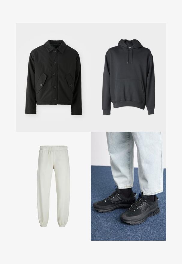 Juoda trumpa striukė, pagaminta iš sklandžios medžiagos. Įrengta sagčių priekine dalimi, smailiu apykakle ir dviem kampuotomis kišenėmis šoninėse.; Tamsiai pilka džemperis, pagamintas iš švelnios medžiagos, su priekyje esančia kišenę, kapuche esančiomis raištelėmis ir raukšlėmis ant rankovių bei apačios.; Baltos sportinės kelnės, pagamintos iš minkštos medžiagos, su elastinga juosmeniu ir rankogaliais, turinčios lygią tekstūrą ir laisvą siluetą.; Juodi sportiniai bateliai su tekstūruota medžiaga ir guminiais padais, su elastingomis raišteliais ir mėlynu akcentu ant kulno. Dėvimi su šviesiai mėlynomis džinsinėmis kelnėmis.