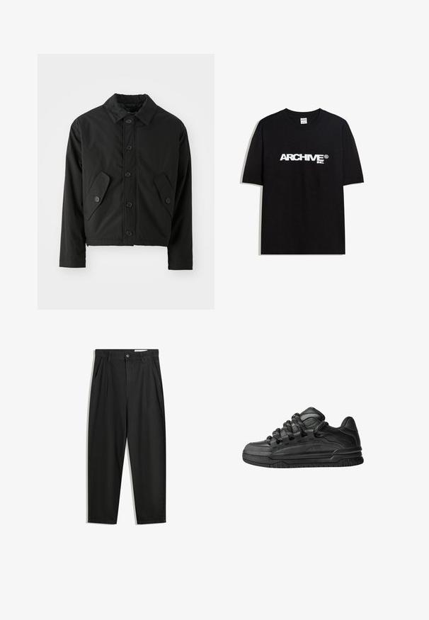 Černá zkrácená bunda vyrobená z hladké tkaniny. Má zapínání na knoflíky, špičatý límec a dvě šikmé kapsy po stranách.; Černé bavlněné tričko s bílým logem "ARCHIVE inc." na hrudi, krátké rukávy a kulatý výstřih.; Černé bavlněné kalhoty s uvolněným střihem, klasickým pasem, předními záhyby a bočními kapsami. Hladká textura bez vzorů.; Černé tenisky s hladkým koženým svrškem, texturovanými akcenty a kulatými černobílými tkaničkami. Silná gumová podrážka s vzorovaným dezénem.