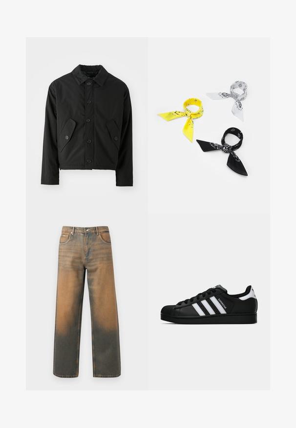 Mustamoodne lühike jakk sileda kangaga. Omab nuppe ees, teravat kraed ja kahte kaldus taskut külgedel.; Must musta lühikeste varrukatega T-särk laia lõikega, valmistatud siledast puuvillast, ümarate kaelustega ja minimalistlikus disainis.; Laia teksad kulunud sinises ja pruunis denimis. Omavad kõrget vöökohta, eespooltaskuid ja klassikalist nupuga sulgemist metallist aktsentidega.; Mustad musta värvi Adidas Superstar toss, millel on valged triibud, koonuseline varvas ja küljes "Superstar" tekst, esitatud külgvaates valgel taustal.; Kolm bandaanat: üks kollane mustade mustritega, üks valge mustade disainidega ja üks must valgete graafikatega. Kõik on ruudukujulised ja kerged kangad.; Must musta õlakott, millel on klapp, kaks hõbedast kinnitust, kollane niit ja reguleeritav rihm. Omab sujuvat tekstuuri ja kompaktset disaini.