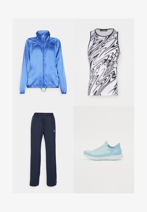 Mėlynas satino švarkas su aukštu apykakle, priekyje su užtrauktuku, elastingais rankogaliais ir reguliuojamu raiščiu apatine dalimi. Lygus audinys ir lengvas dizainas.; Beigalis marškinėlis juodai baltu suvėrimu, pagamintas iš lengvos medžiagos, su apykakle ir plokščiomis siūlėmis patogumui.; Tamsiai mėlynos sportinės kelnės su elastinga juosta, dviem šoniniais kišenėmis ir subtiliais baltais logotipų akcentais. Pagamintos iš lygaus, elastingo audinio.; Šviesiai mėlynas sportinis batelis su tinklelio viršumi, suapvalinta nosimi, paminkštintu padu ir atspindinčiais akcentais. Apima raištelius ir palaikantį kulną.