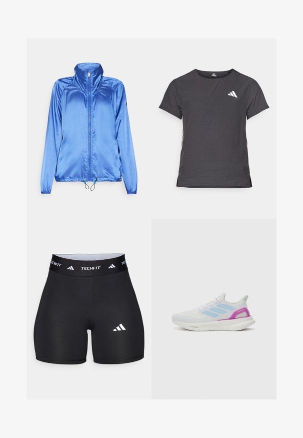 Chaqueta de satén azul con cuello alto, cremallera frontal, puños elásticos y dobladillo ajustable con cordón. Textura suave y diseño ligero.; Camiseta atlética de manga corta, gris oscuro con textura perforada. Presenta un logo blanco y rayas laterales en contraste. Escote redondeado.; Pantalones cortos negros hechos de una tela elástica con un diseño ajustado. Cuentan con una cintura ancha negra etiquetada como "TECHFIT" y un logo blanco en la pierna.; adidas Performance PUREBOOST 5 - Zapatillas running asfalto - white/glow blue/purple burst