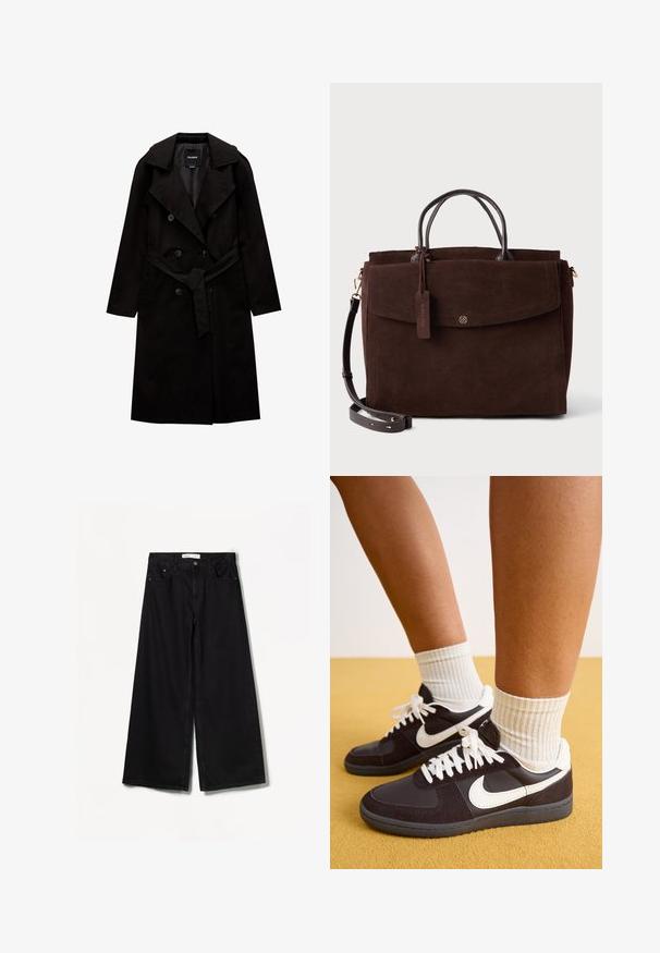 PULL&BEAR BASIC - Trench - black; Maglione nero realizzato in tessuto morbido, con maniche lunghe, scollo rotondo e polsini a coste. Design semplice, senza motivi né accenti.; Bershka WIDE-LEG - Wide Leg - black; Sneakers Nike in bianco e nero con tomaia in suede e pelle, lacci bianchi, indossati con calze crema a coste, su uno sfondo giallo.; Borsa in pelle scamosciata marrone con doppio manico superiore, tracolla staccabile, patta frontale e etichetta che indica "Pelle Vera". Accessori in metallo color oro.