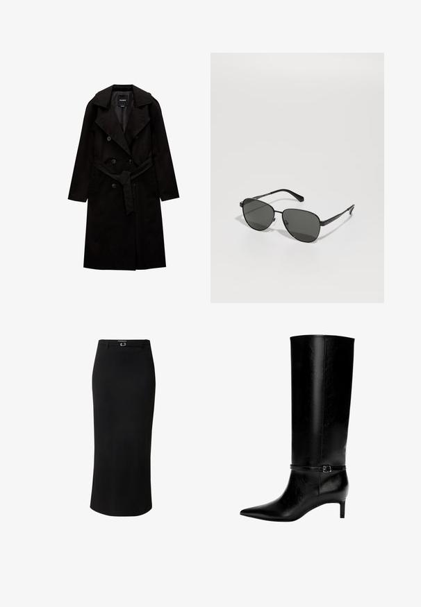 PULL&BEAR BASIC - Trenchcoat - black; Zwarte oversized sweatshirt met een ronde hals en lange mouwen, weergegeven tegen een witte achtergrond. Eenvoudig en casual ontwerp.; Zwarte kokerrok van gladde stof, met een middellange ontwerp, riemlussen en een rechthoekige gespsluiting in zilverkleur.; Zwarte leren laarzen tot de knie met een spitse neus en een kleine hak. Voorzien van een smalle band met een metalen gesp rond de enkel. Effen textuur.; Zwarte metalen zonnebril met grijze lenzen, met een ovale vorm, dunne armen en verstelbare neusvleugels. Minimalistisch ontwerp.; Zwarte leren handtas met een unieke waaier vorm, voorzien van platte handvatten. Het oppervlak heeft een gewelfde textuur en een minimalistisch ontwerp.