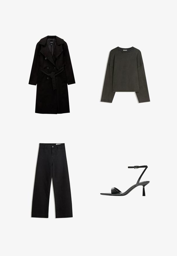 PULL&BEAR BASIC - Trenchcoat - black; Donkergrijze lange-mouwen top gemaakt van een katoenmix. Boxy vorm met een ronde halslijn en verlaagde schouders, met zichtbare stiksels.; Zwarte denim broek met wijde pijpen en een hoge taille, voorzien van voor- en achterzakken, gestikte naden en een knoopsluiting. Gladde textuur.; Bershka Sandalen met hoge hak - black