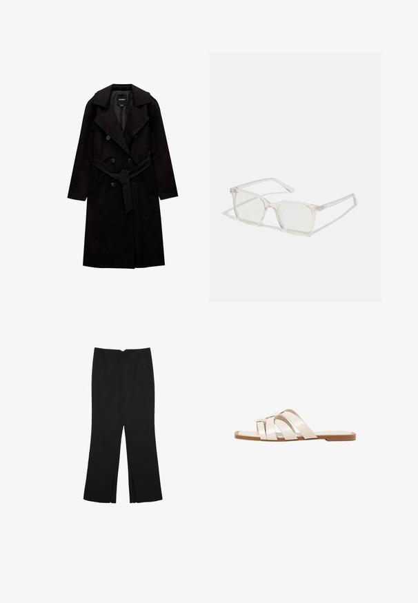 PULL&BEAR BASIC - Trenčkot - black; Bela majica s kratkimi rokavi in širokim ovratnikom ter teksturiranim rebrastim vzorcem, izdelana iz mehke tkanine, z udobnim krojem in čistim dizajnom.; Črne hlače ravnega kroja z naglavnimi žepi in stranskimi razporki na robu. Narejene iz mehke, gladke tkanine. Primerne za različne priložnosti.; Ravne sandale s svetlo rjavim gumijastim podplatom, zasnovane s tremi prekrivajočimi se belimi usnjenimi trakovi in majhnim lokom na sredini.; Prozorne kvadratne plastične očala s prozornimi lečami, ki imajo zlato dekoracijo na ročajih za dodaten pridih podrobnosti.