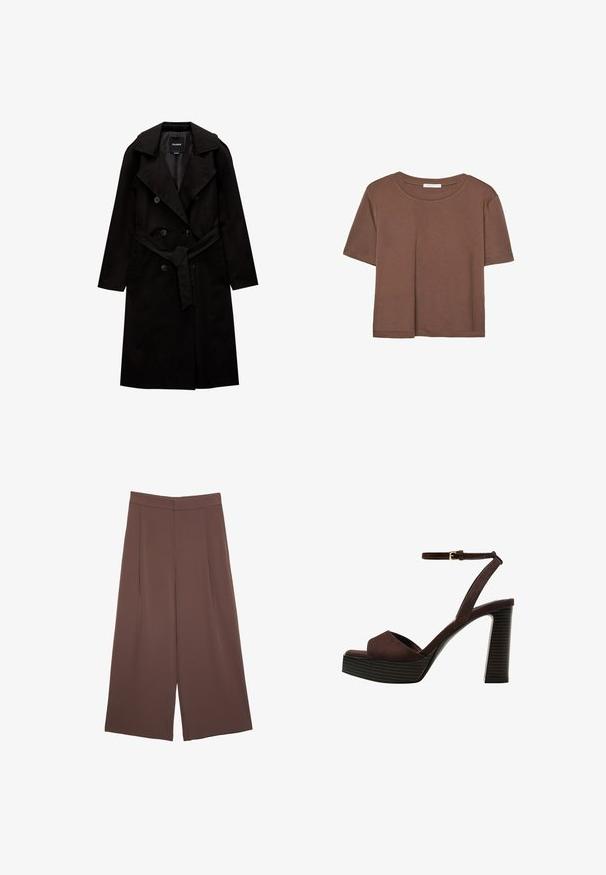 PULL&BEAR BASIC - Trenchcoat - black; Braunes, kurzärmliges T-Shirt aus weichem Material mit rundem Halsausschnitt und lockerer Passform. Keine sichtbaren Muster oder Akzente.; Braune Weite-Leg-Hosen mit einer glatten Textur, hoher Taille und Vorderfalten. Der Stoff ist leicht und fällt locker.; Braune Wildleder-Pumps mit offenem Zeh, verstellbarem Knöchelriemen und gestreiftem Plateausohlen.