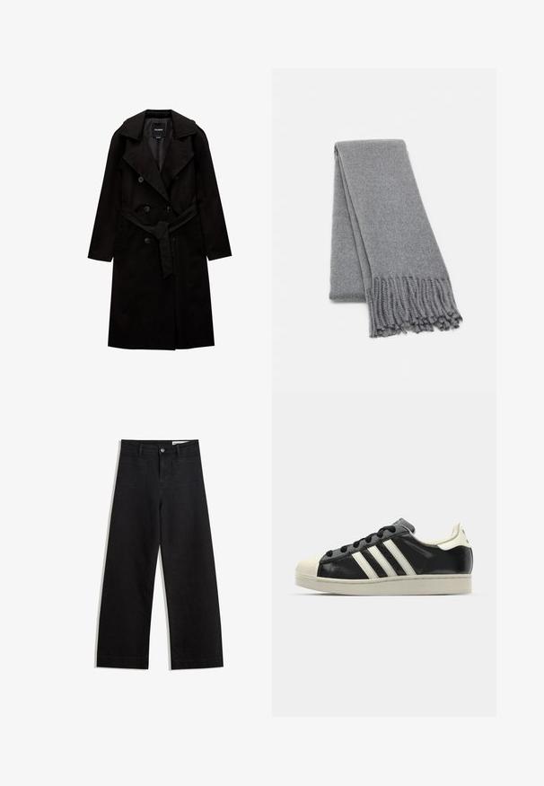 PULL&BEAR BASIC - Trenci - black; Tricou pe șir cu mâneci lungi, de culoare gri deschis, confecționat din bumbac moale. Are o croială lejeră, decolteu rotund și manșete ușor bufante. Fără modele sau grafica.; Pantaloni din denim negri cu picioare largi, cu talie înaltă, având buzunare frontale și posterioare, cusături dublate și închidere cu nasture. Textură netedă.; Sneaker din piele neagră cu dungi albe, vârf din cauciuc, șireturi negre și talpă de culoare crem. Textură netedă cu finisaj strălucitor.; Fular din lână gri cu o textură moale, având margini franjurate și un design simplu. Pliat cu grijă, scoțând în evidență forma sa alungită.