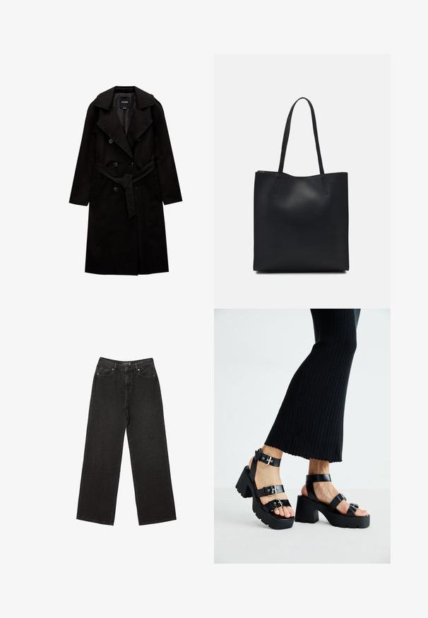 PULL&BEAR BASIC - Trenčkot - black; Črna bombažna majica s kratkimi rokavi, ki ima majhen roza metuljček na levi strani prsnega dela. Majica s krožnim ovratnikom in sproščenim krojem.; Črne široke jeans hlače iz denima, z majhnimi pikčastimi vzorci, klasičnim petim žepom ter z gumbom in zadrgo za zapiranje.; Črne platforme s sandali in debelimi, zarezami ter več naramnicami, ki vključujejo kovinske zaponke in gladko teksturo, podobno usnju.; Črna usnjena torba s svilnato teksturo, pravokotne oblike in dvema dolgima ročajema. Brez vidnih metalnih delov ali okrasnih elementov.